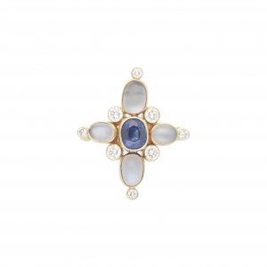 "Königsblau" - Außergewöhnlicher Ring mit Saphir & Brillanten & Mondsteinen