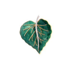 "Green leaf" - Emaillierte Blatt Brosche Gelbgold