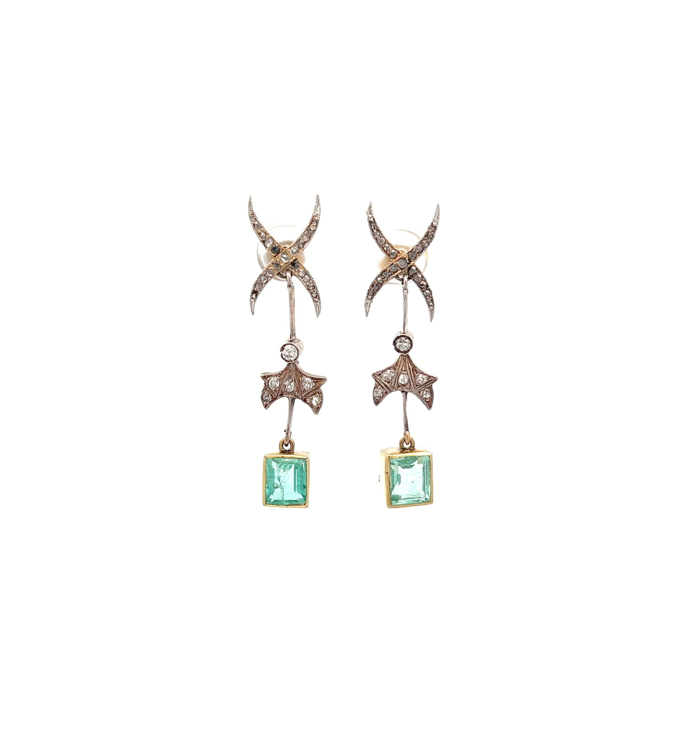 "Green Lights" - 18 Karat Gold & Platin Jugendstil Smaragd Ohrhänger
