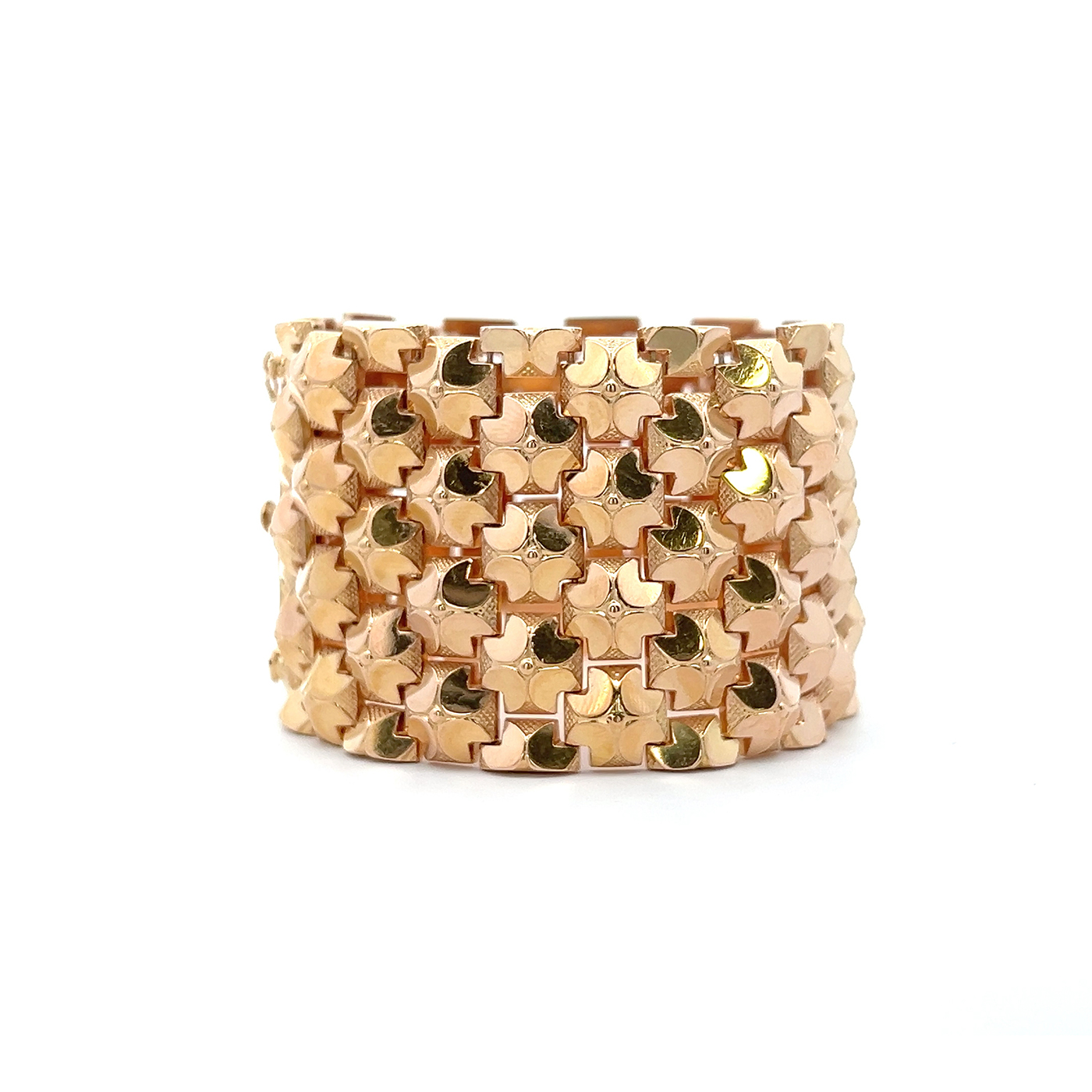 "Strahlenpracht" - Breites Teppicharmband in 18 Karat Gelbgold