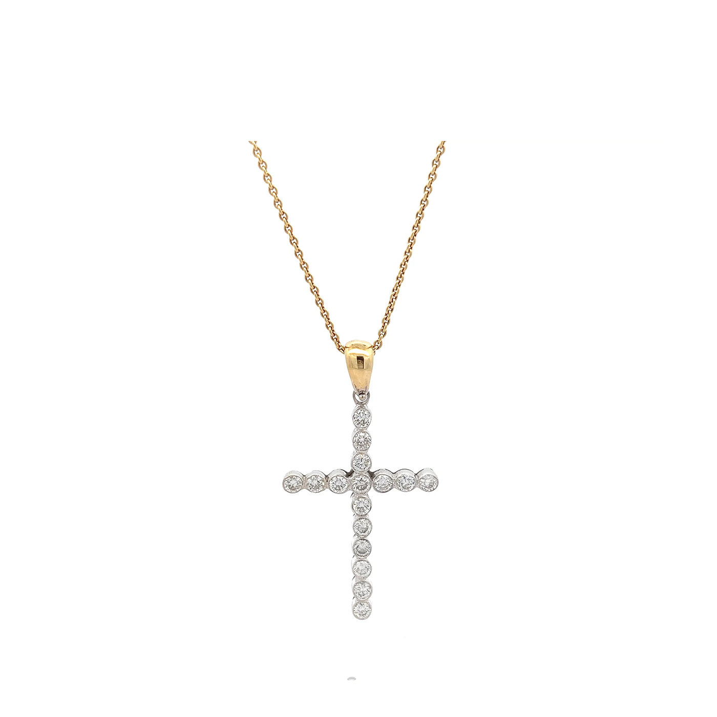 "Ewiges Strahlen" - 18 Karat Gelbgold Kette mit bicolor Kreuz Anhänger