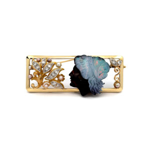 "Gedanken im Garten" - 14 Karat Opal Brosche mit Diamanten und Perlen