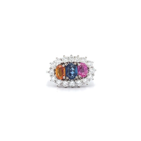 "Farbenfrohes funkeln" - 18 Karat Weißgold Ring mit einem Rubin & Saphiren