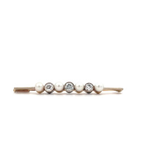 "Barre de Perles et Diamants" - 14 Karat Stabbrosche mit Diamanten im Altschliff & Perlen