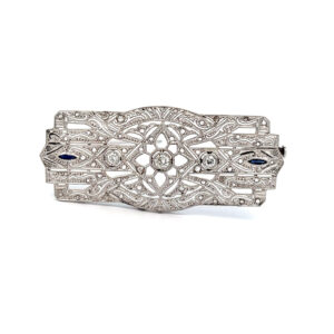 "Diamantgeflecht" - 14 Karat Brosche mit Diamanten im Altschliff und Saphiren aus der Zeit des Art Deco