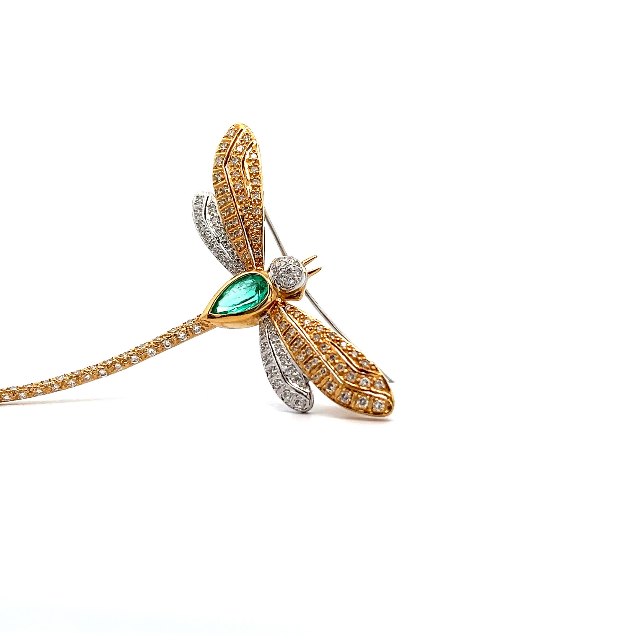 "Dragonfly" - 18 Karat bicolor Vintage Brosche mit Diamanten und Smaragd - Juwelier Steiger