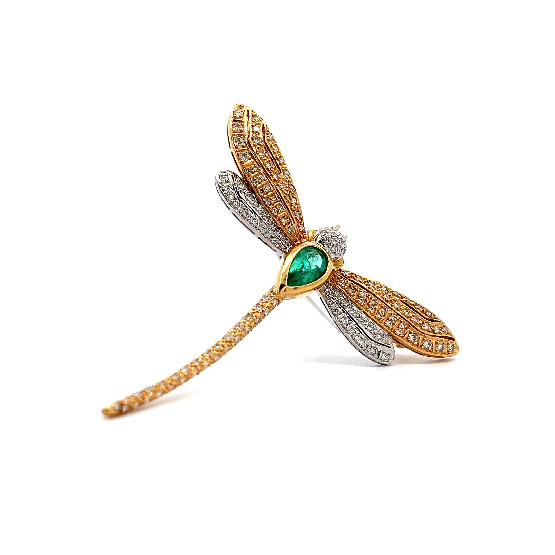 „Dragonfly“ – 18 Karat bicolor Vintage Brosche mit Diamanten und Smaragd