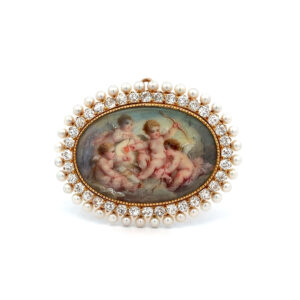 "Himmlischer Glanz" - 18 Karat Brosche mit Diamanten im Altschliff & Perlenrahmen