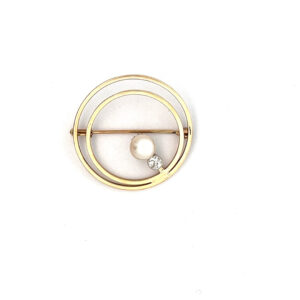 "Moon & Star" - Feine Vintage Brosche aus 14 Karat Gelbgold mit Diamant & Perle