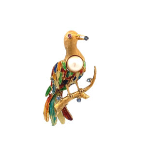"Paradise Bird" - 18 Karat Brosche mit Emaille & Perle
