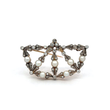 "Perlenfächer" - 18 Karat Brosche mit Pereln und Diamanten im Altschliff