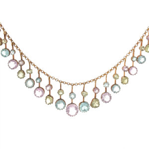 "Farbenfrohe Girlande" - Antikes Collier aus 14 Karat Gelbgold