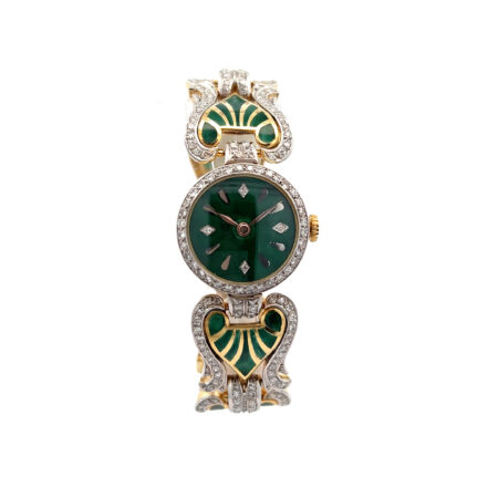 "Green Leaf Timepiece" - Atemberaubende antike Armbanduhr in 14 Karat Gelbgold mit grüner Emaille