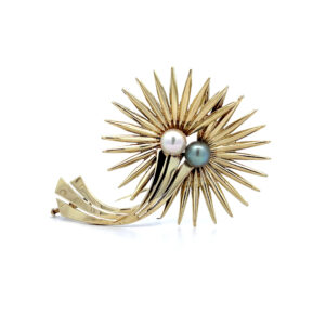 "Zwillingsperlen" - Vintage Brosche aus 14kt Gelbgold mit Perlen