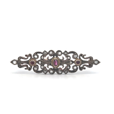 "Rosenfunkel" - Antike Brosche aus Gold & Silber mit Diamantrosen und Rubin