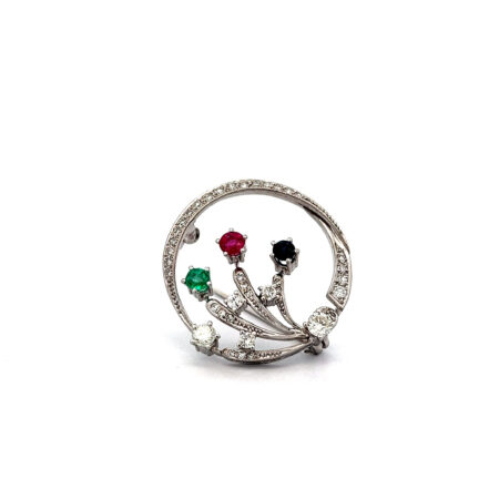 "Trinity of Gems" - Vintage Brosche in 14kt Weißgold mit Diamanten