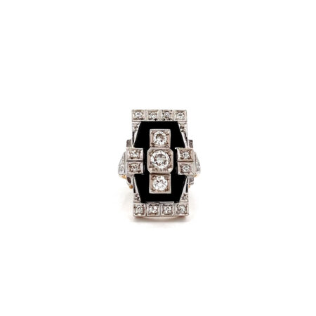 "Glanz vergangener Zeiten" - Antiker Ring mit Altschliff Diamanten und Onyx in 14 Karat Gelbgold