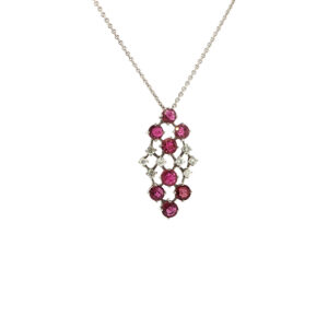 "Pink Harmony" - Strahlende vintage Kette mit Brillanten & Spinellen in 14 Karat Weißgold