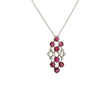 "Pink Harmony" - Strahlende vintage Kette mit Brillanten & Spinellen in 14 Karat Weißgold