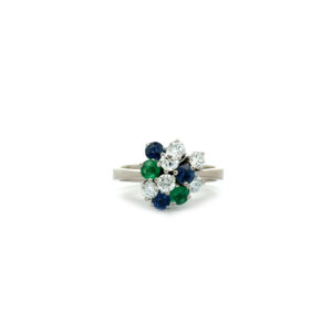 "Royal Harmony" - Vintage Ring mit Saphir und Smaragd in 18 Karat Weißgold