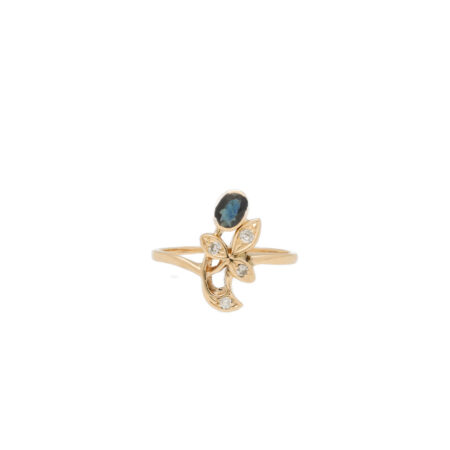 "Mitternachtsblüte" - Antiker Ring in 18kt Gold mit Diamanten & Saphir