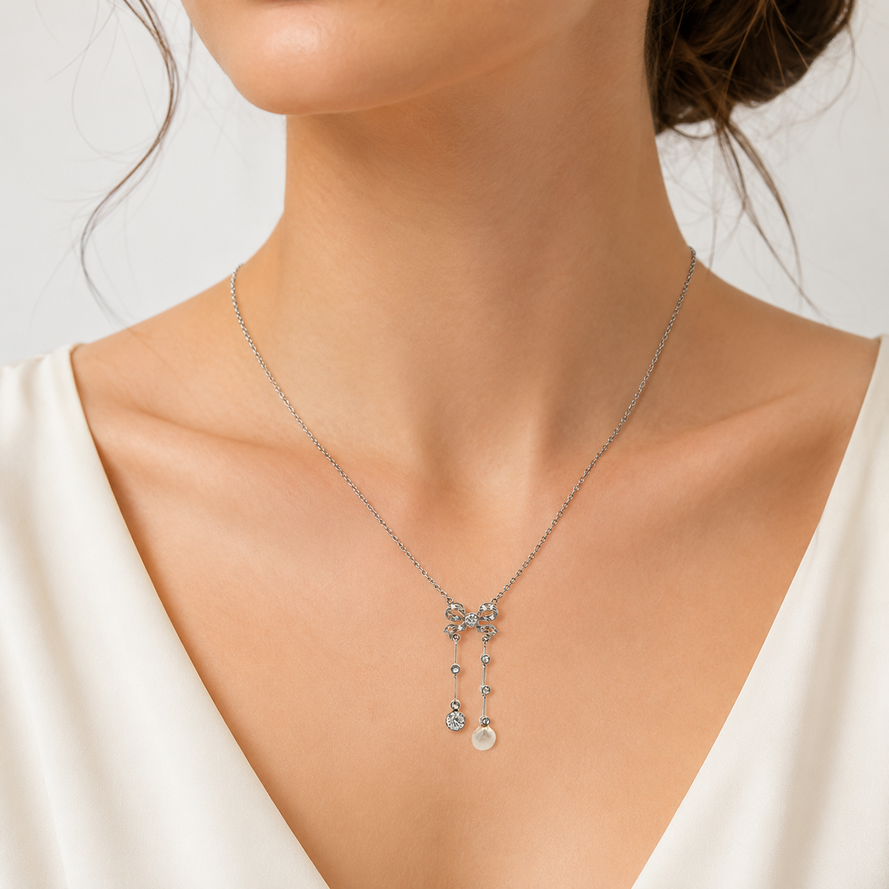 "Diamantentanz" - Antikes Pendel Collier aus Platin mit Diamanten & Naturperle
