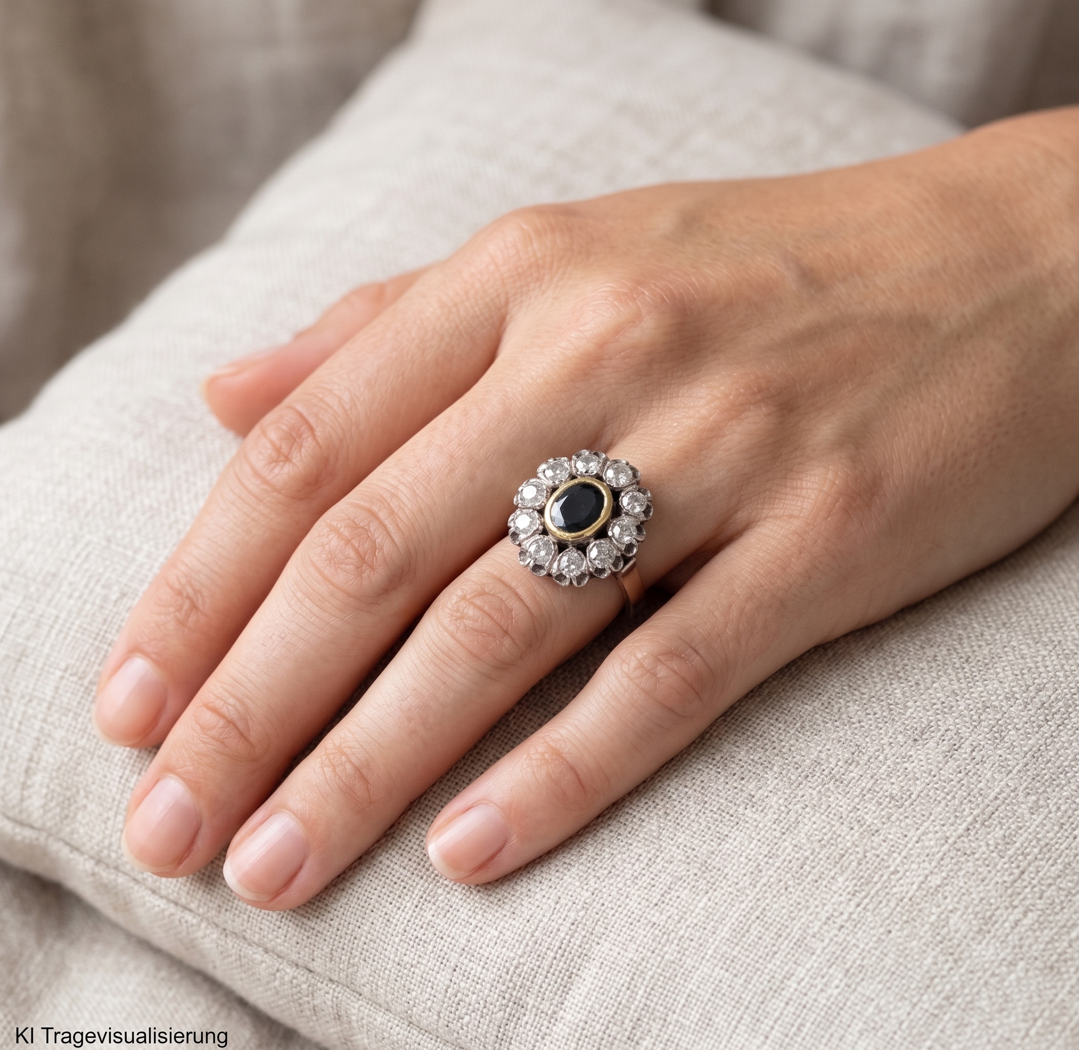 "Antike Blüte" - Antiker Ring mit Diamanten & Saphir in 14kt Gelbgold