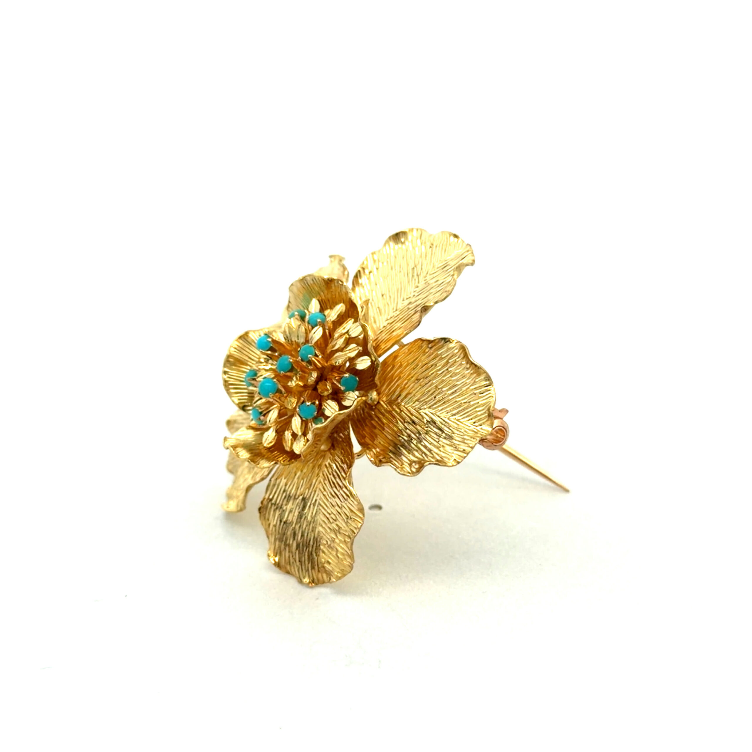 "Florale Anmut" - Vintage Brosche mit Türkisen in 18 Karat Gelbgold - Juwelier Steiger