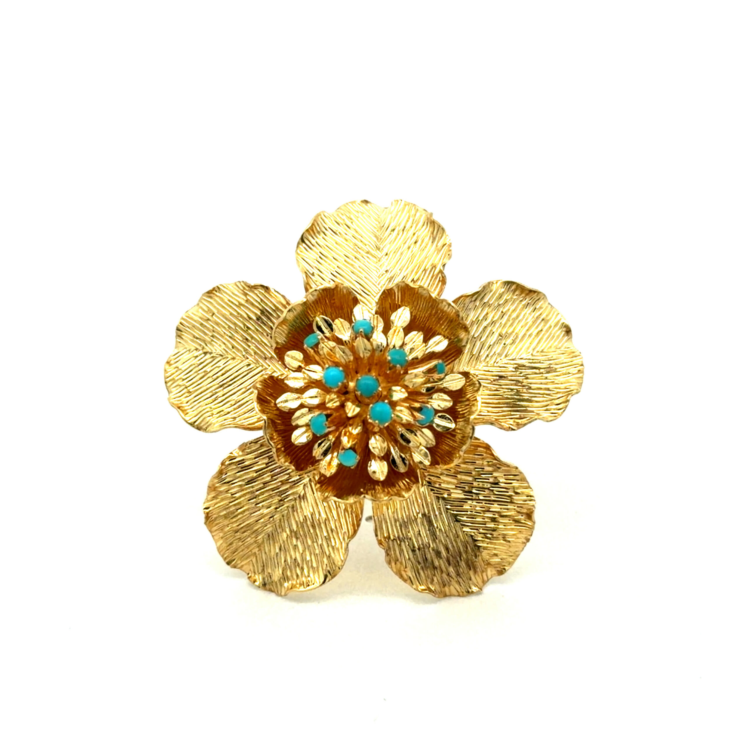 "Florale Anmut" - Vintage Brosche mit Türkisen in 18 Karat Gelbgold - Juwelier Steiger