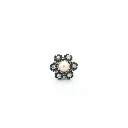 "Blue Daisy" - Vintage Pin Brosche mit Saphiren, Diamanten & Perle - Juwelier Steiger