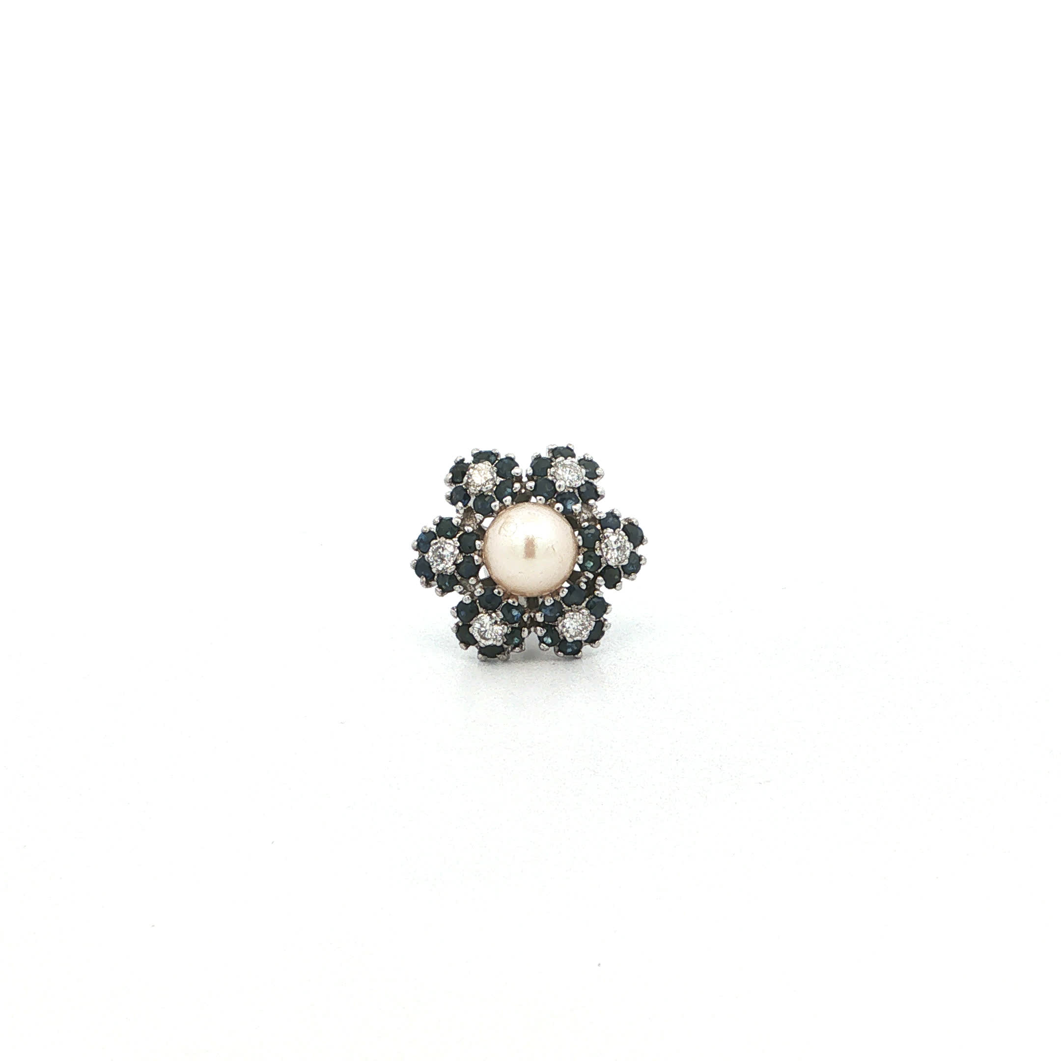 "Blue Daisy" - Vintage Pin Brosche mit Saphiren, Diamanten & Perle - Juwelier Steiger