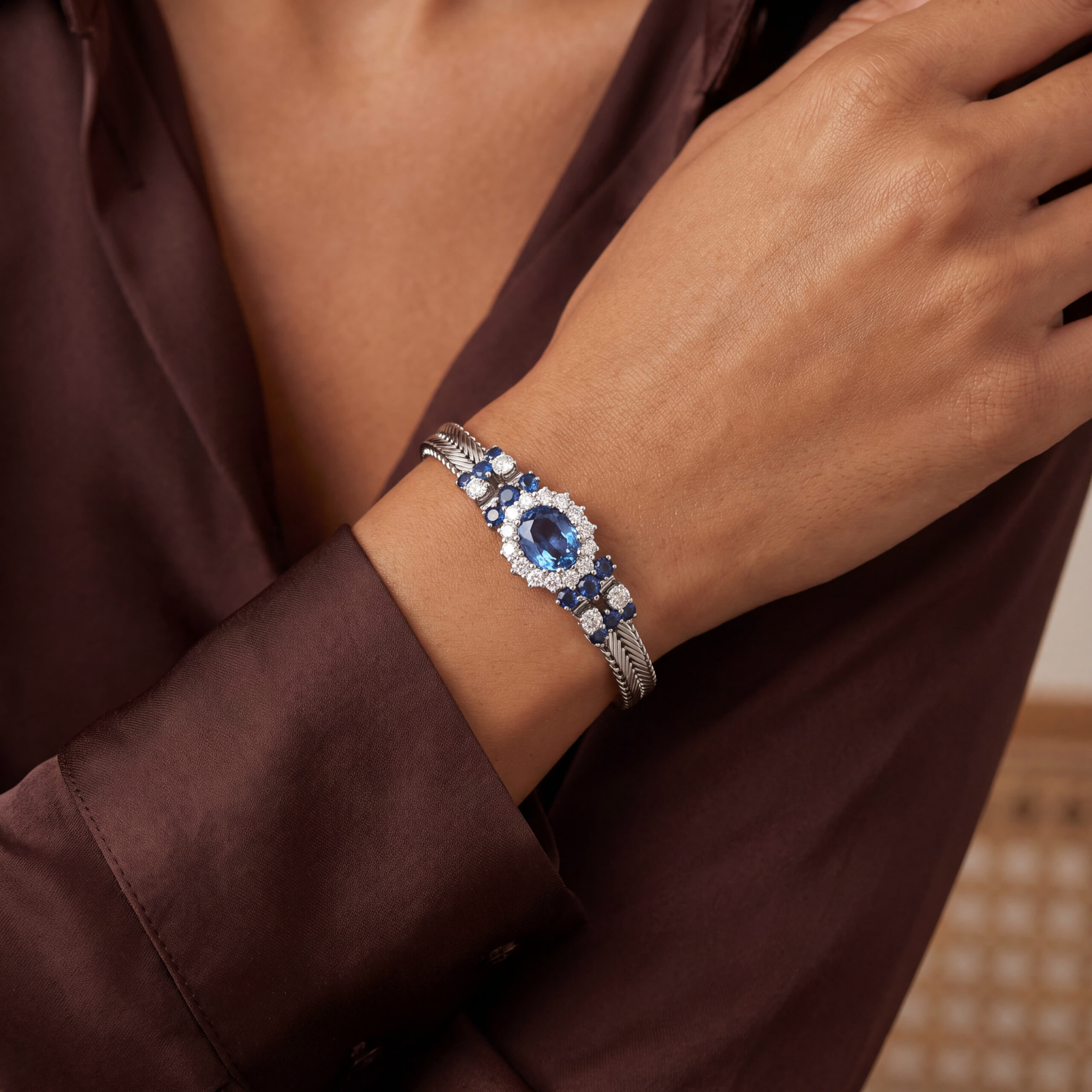 "Blue Soirée" - Vintage Armband in 18kt Weißgold mit Saphiren & Brillanten aus 750er Weißgold - Juwelier Steiger