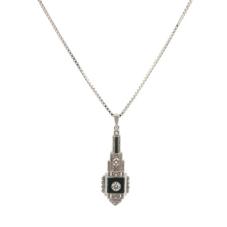 "Déco Noire" - Antike Kette in 14kt Weißgold mit Diamant im Altschliff