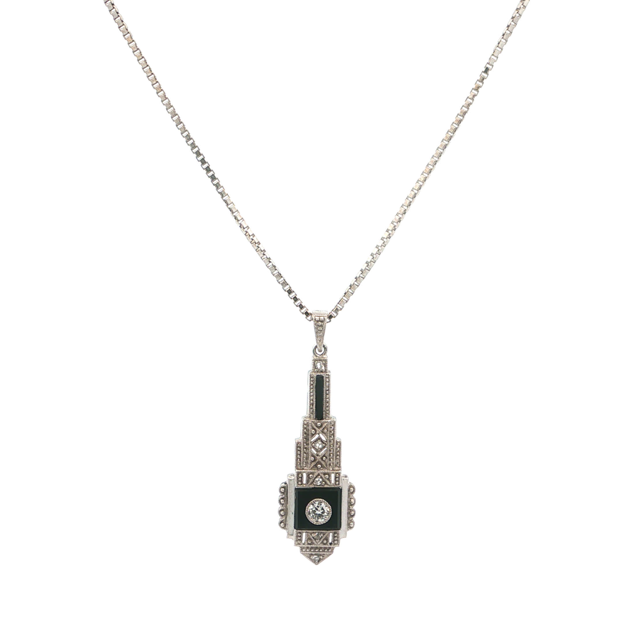 "Déco Noire" - Antike Kette in 14kt Weißgold mit Diamant im Altschliff - Juwelier Steiger