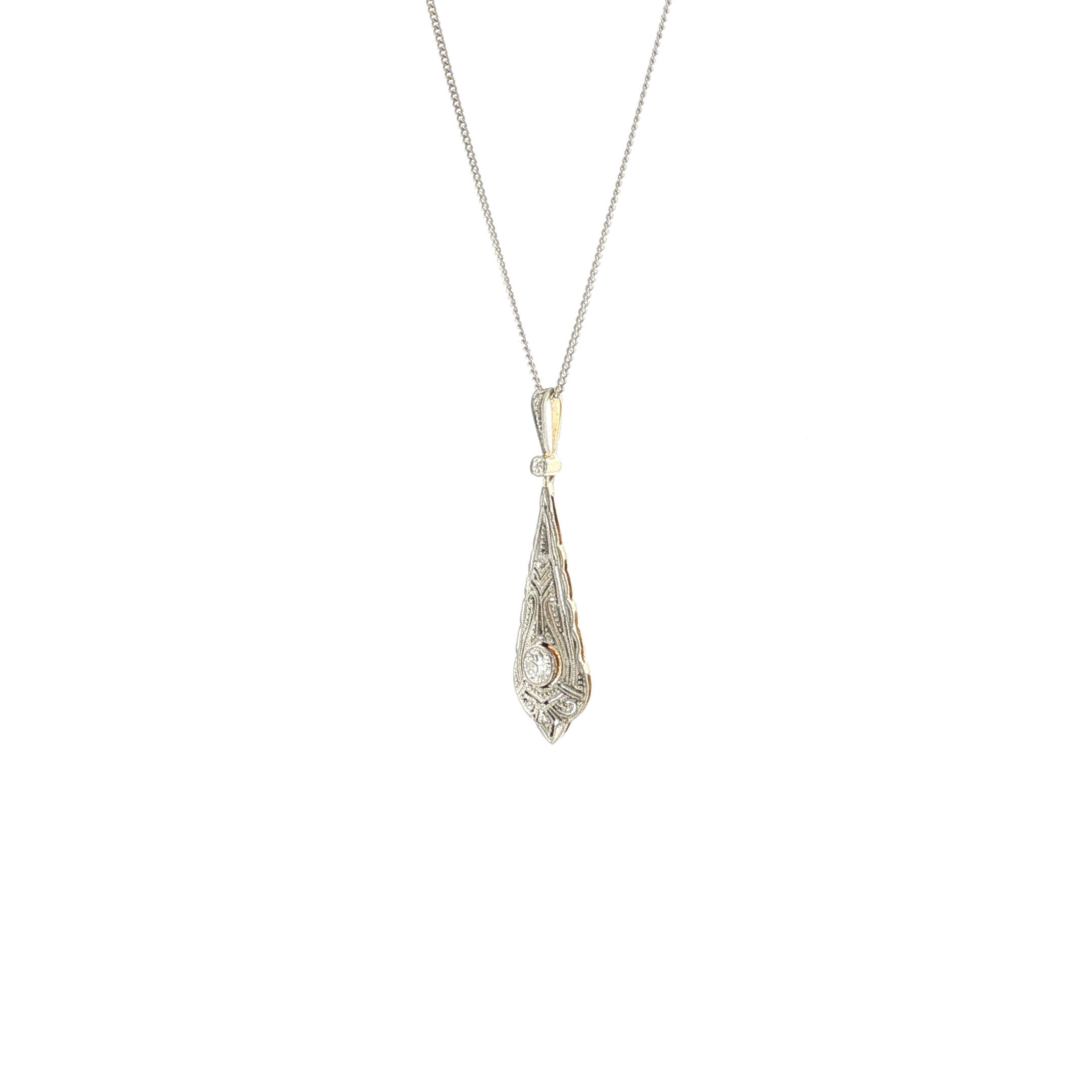"Diamond Lace" - Art Déco Anhänger mit Diamant im Altschliff in 14kt Weißgold - Juwelier Steiger