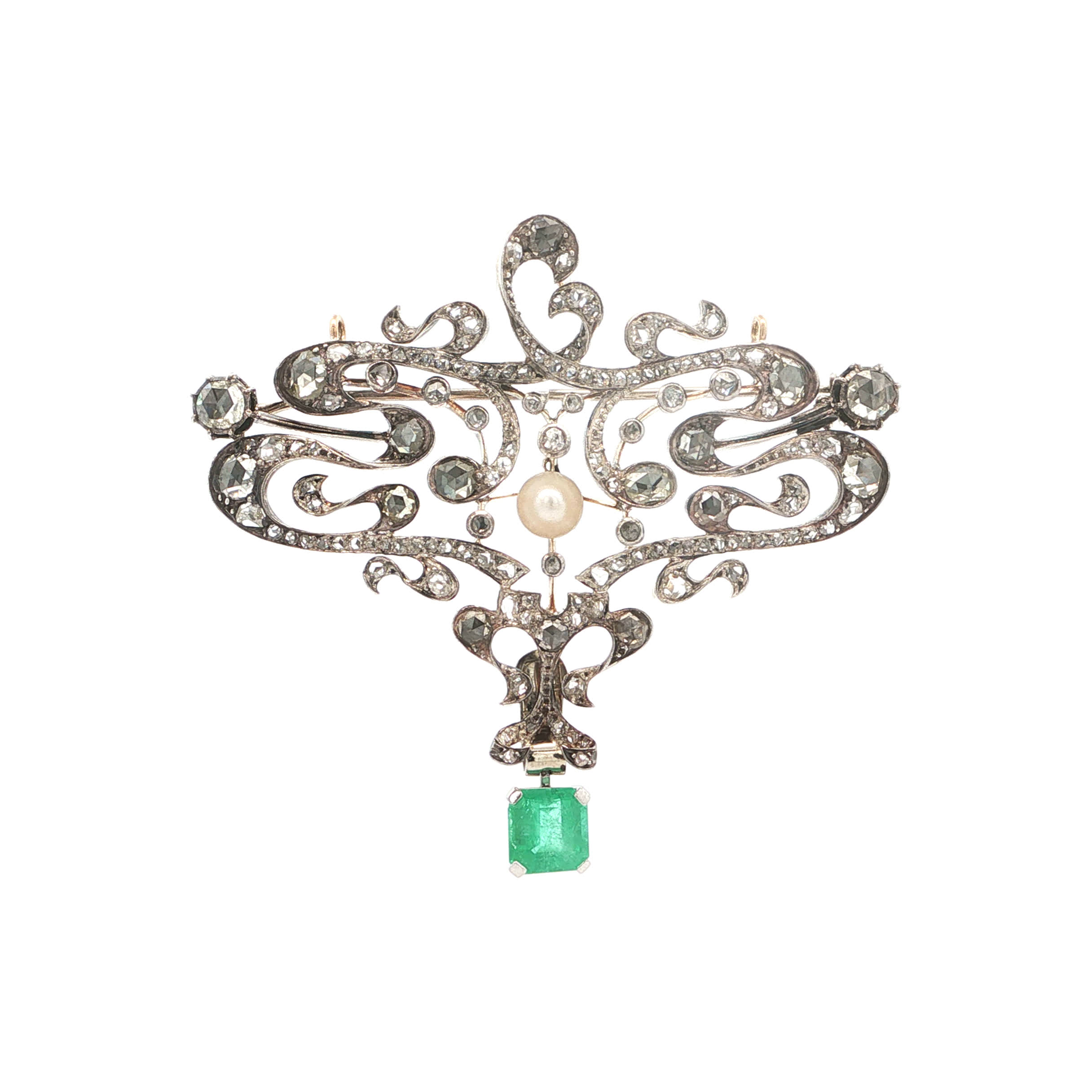"Garten der Rosen" - Imposante Brosche des 19. Jahrhunderts mit Diamantrosen & Smaragd Clip - Juwelier Steiger