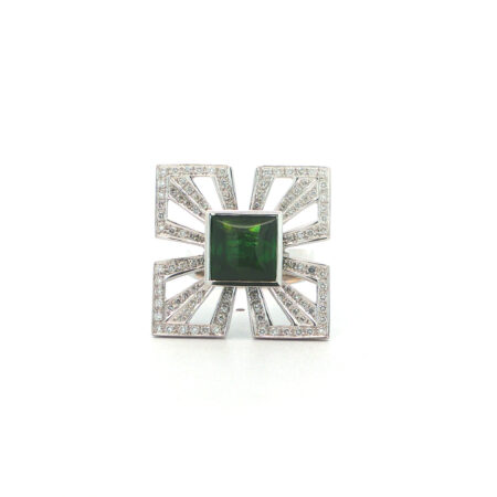 "Green Geometry" - Vintage Ring in 18kt Weißgold mit grünem Turmalin & Brillanten