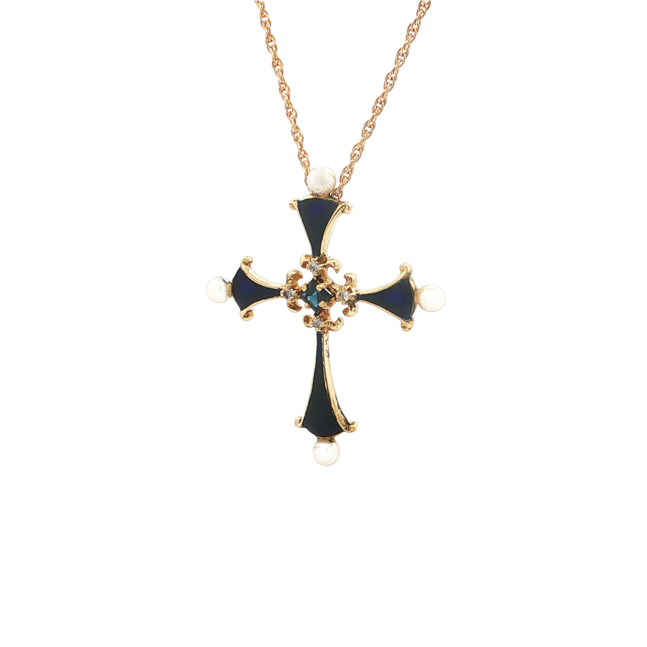 "Imperial Blue" - Vintage Kreuz Anhänger mit Emaille & Kette - Juwelier Steiger