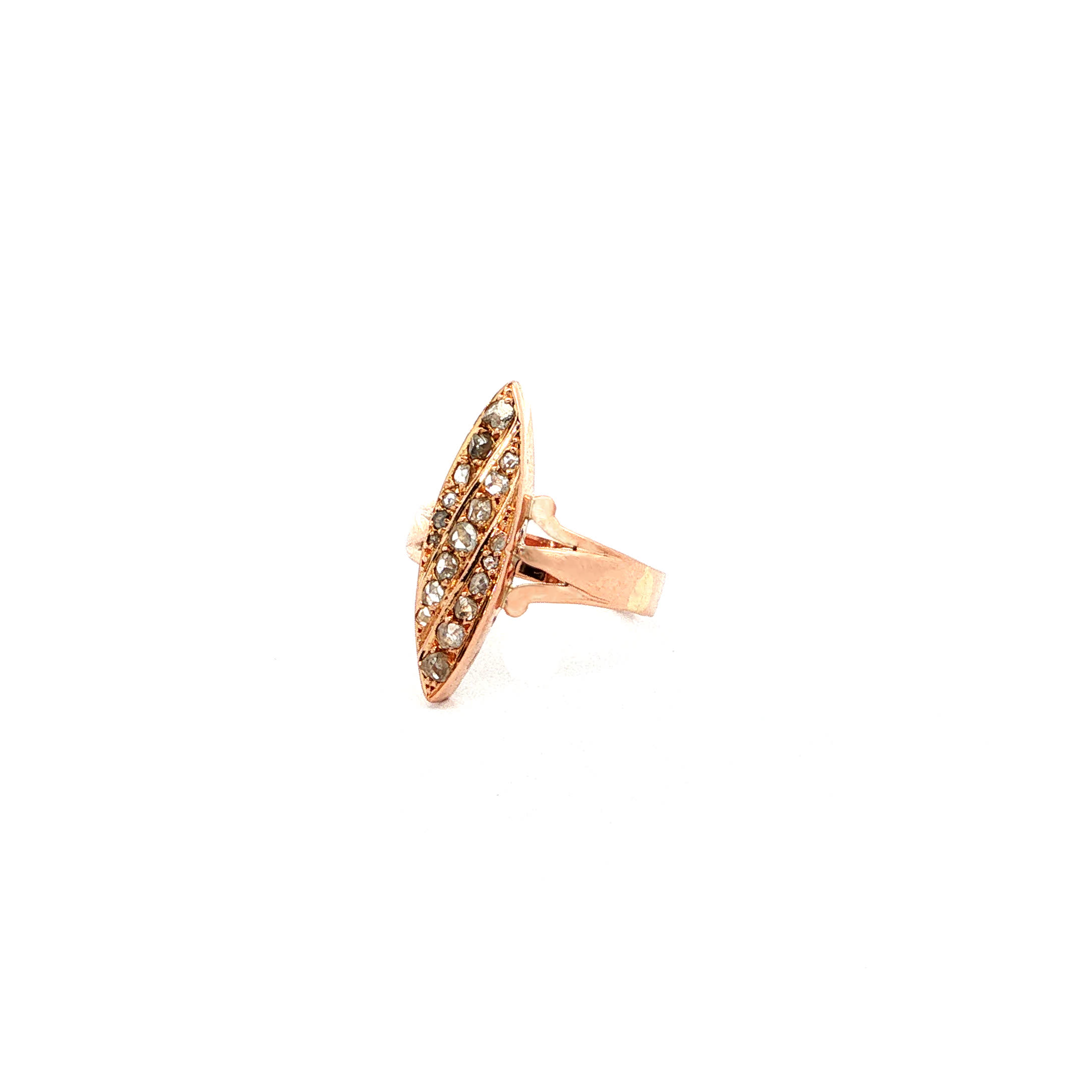 "Jugendstil Schiffchen" - Antiker Ring in 14kt Rosegold mit Diamantrosen - Juwelier Steiger
