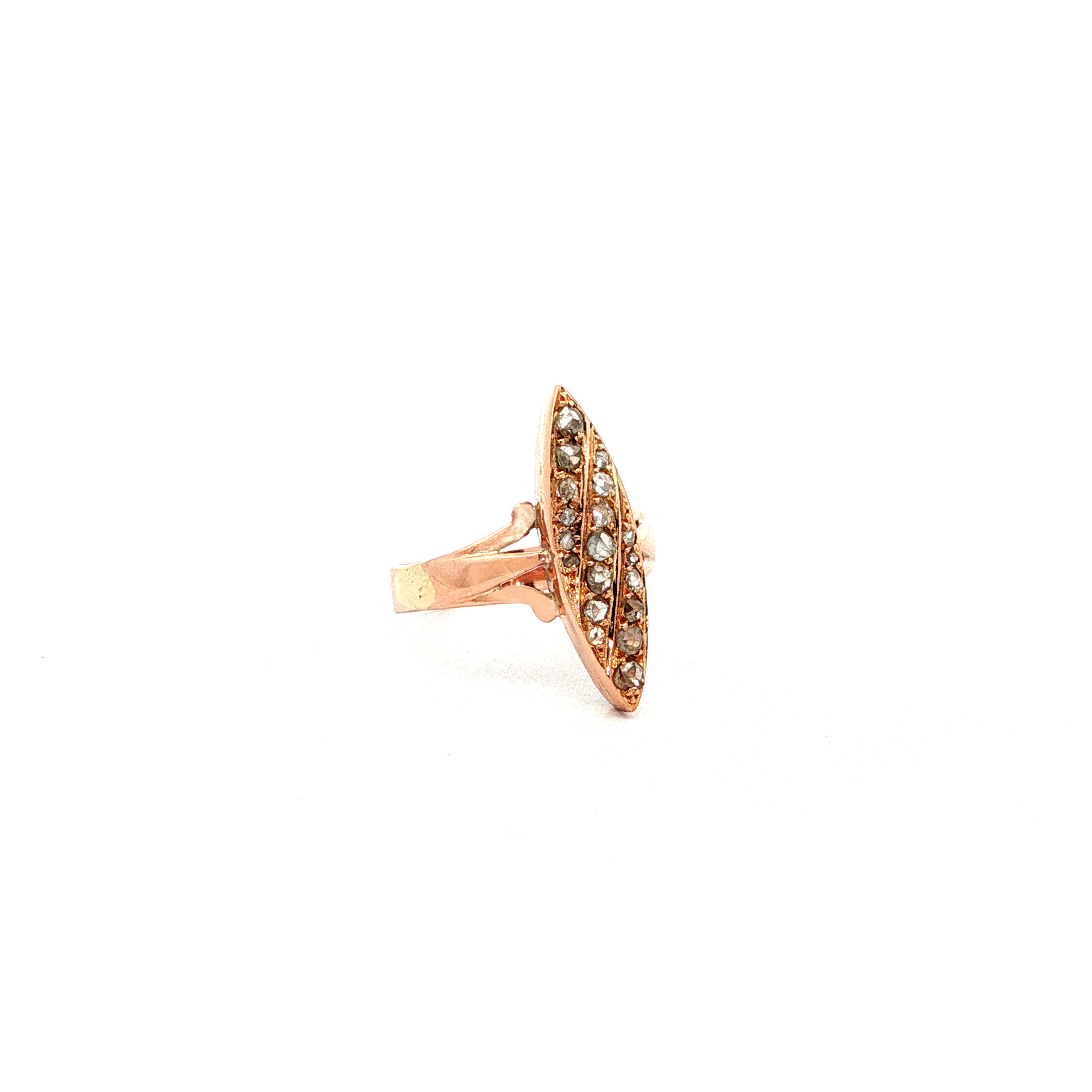 "Jugendstil Schiffchen" - Antiker Ring in 14kt Rosegold mit Diamantrosen - Juwelier Steiger