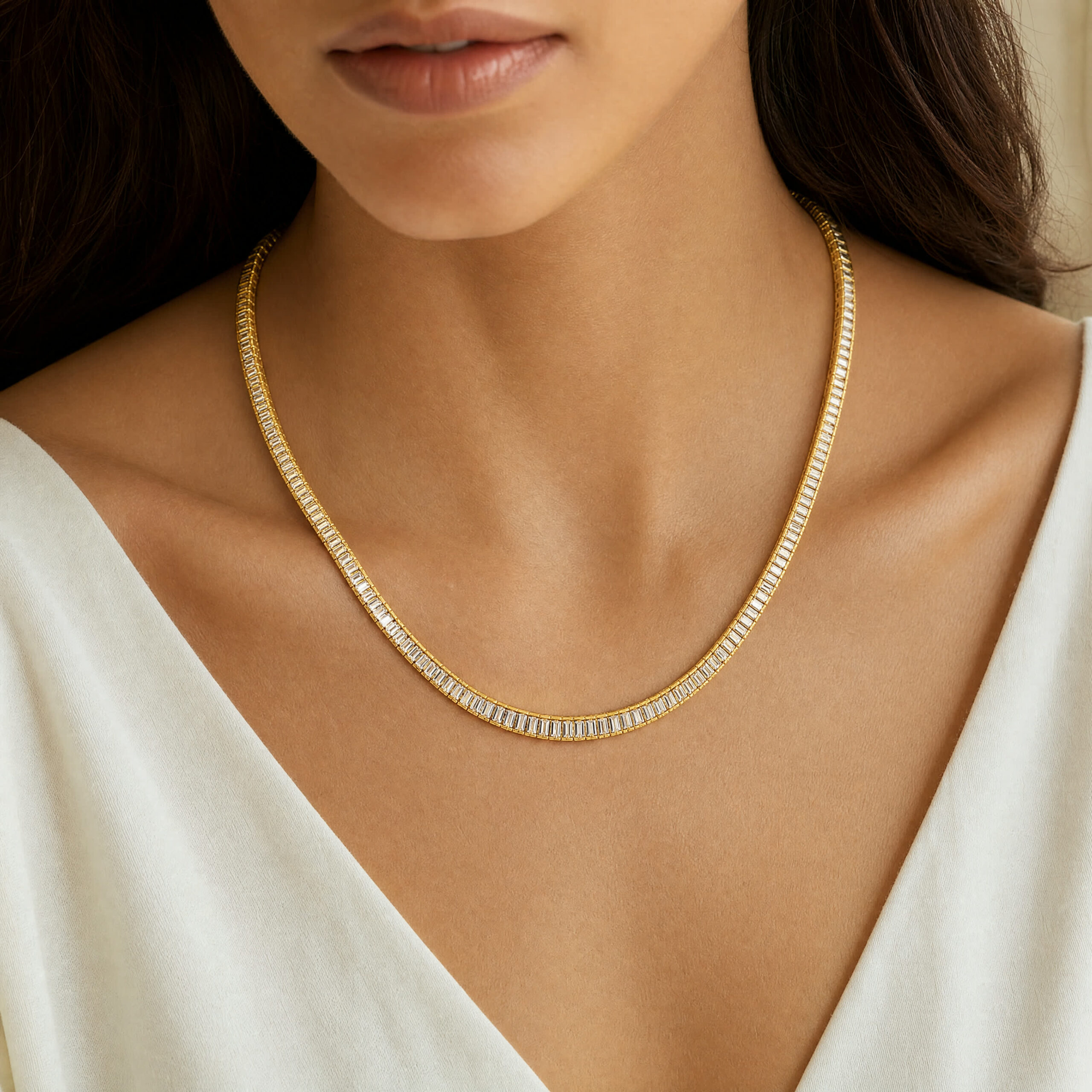 "La Grande Rivière" - Vintage Tennis Collier mit Baguette Diamanten zus. ca. 25,50ct in 18kt Gelbgold - Juwelier Steiger