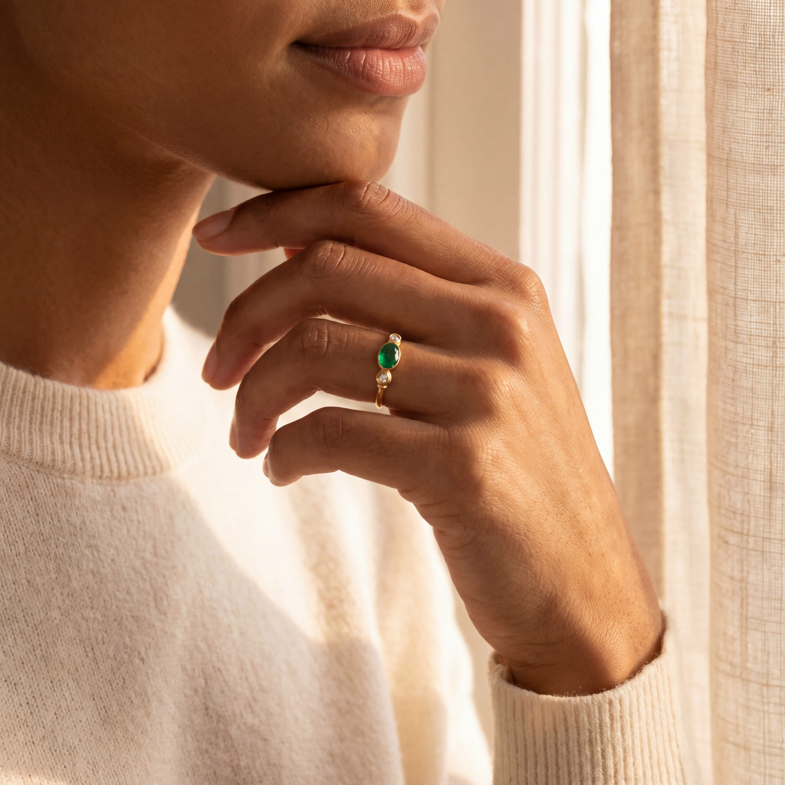 "Little Emerald" - Vintage Ring in 18kt Gelbgold mit Smaragd cabochon & Brillanten - Juwelier Steiger