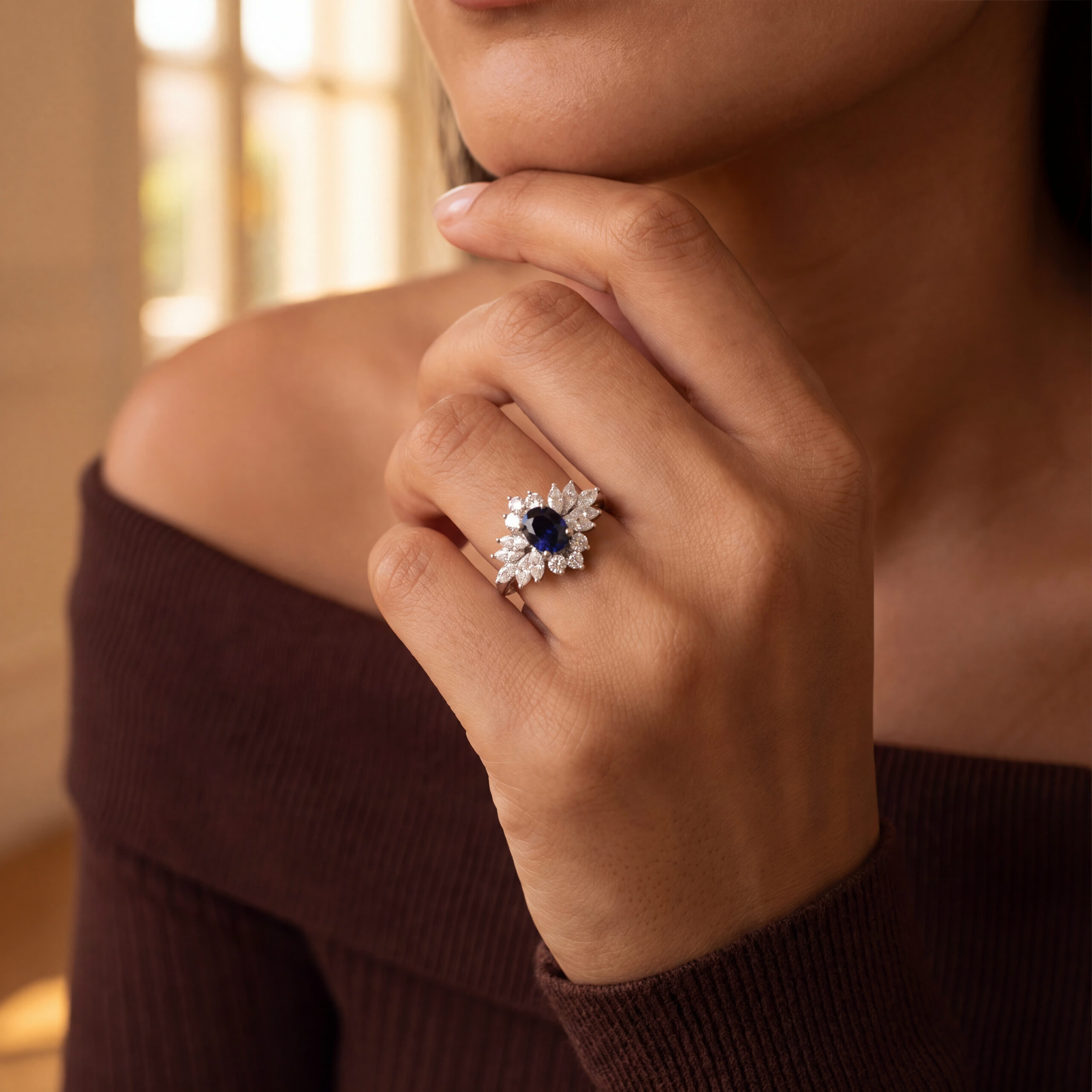 "Midnight Blossom" - Außergewönlicher Vintage Ring in 18kt Weißgold mit Saphir & Diamanten - Juwelier Steiger