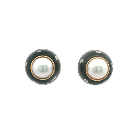 "Midnight Pearl by Friedrich" - Vintage Ohrstecker in 18kt Gelbgold mit Perlmutt, schwarzer Emaille & Brillanten