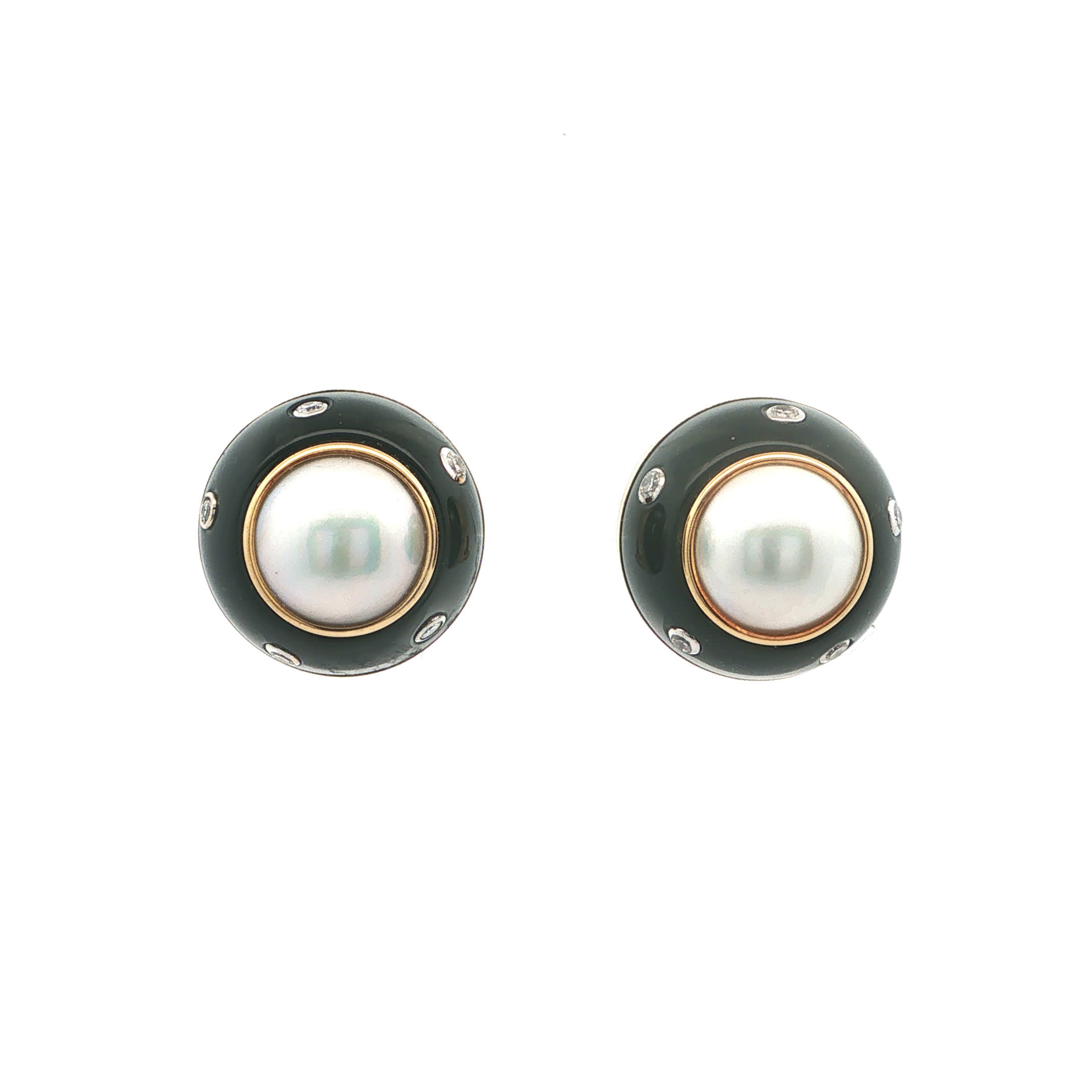 "Midnight Pearl by Friedrich" - Vintage Ohrstecker in 18kt Gelbgold mit Perlmutt, schwarzer Emaille & Brillanten - Juwelie...