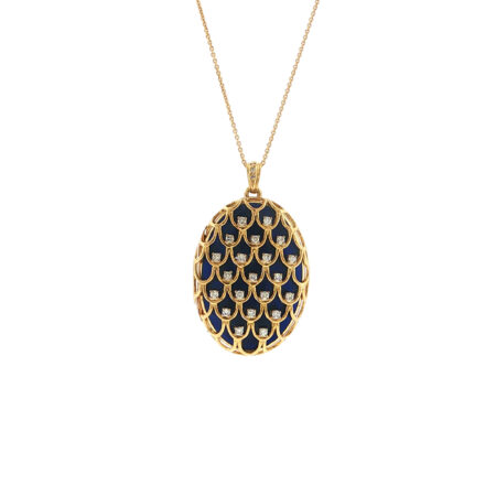 "Midnight Scales" - Vintage Medaillon in 18kt Gelbgold mit Brillanten & blauer Emaille - Juwelier Steiger