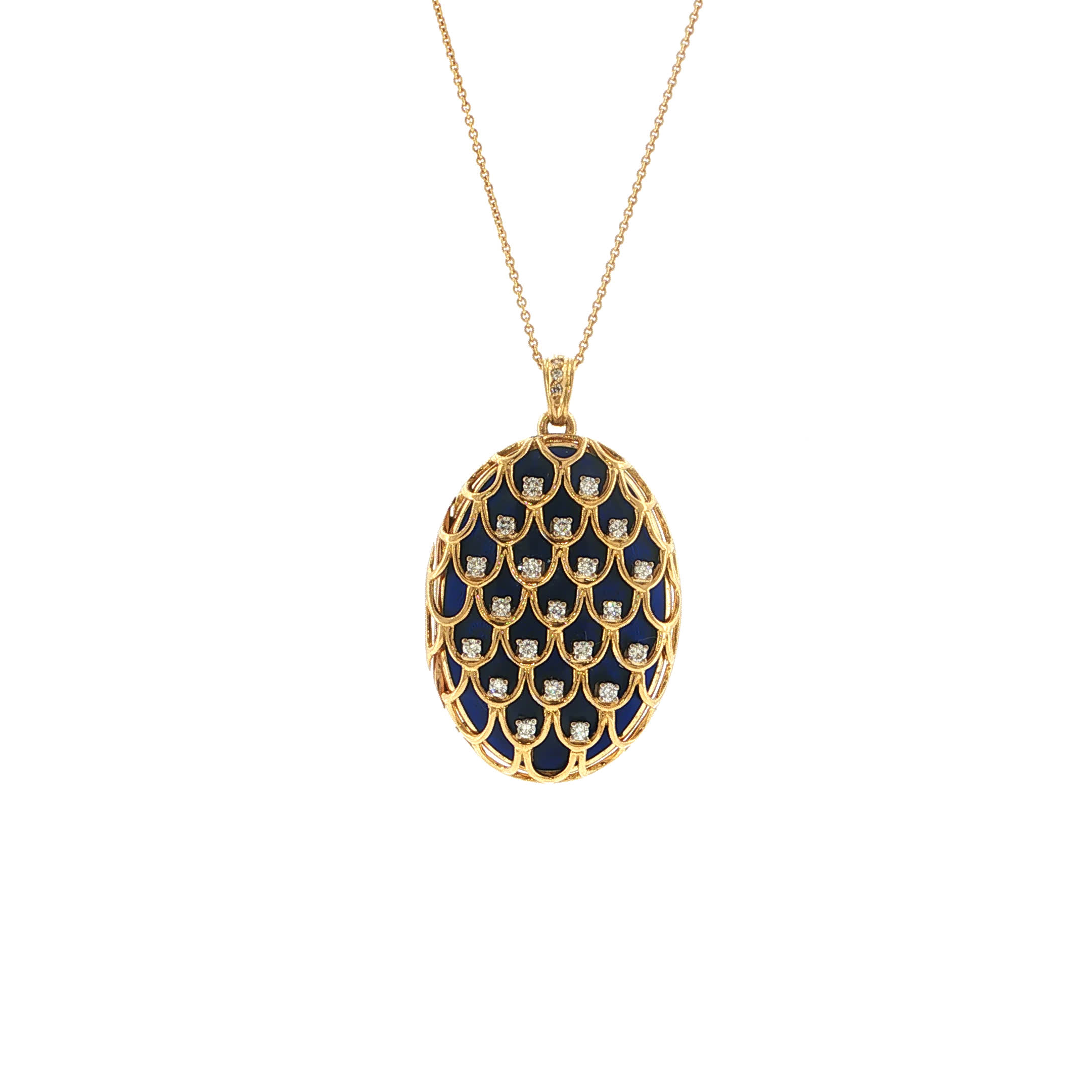 "Midnight Scales" - Vintage Medaillon in 18kt Gelbgold mit Brillanten & blauer Emaille - Juwelier Steiger