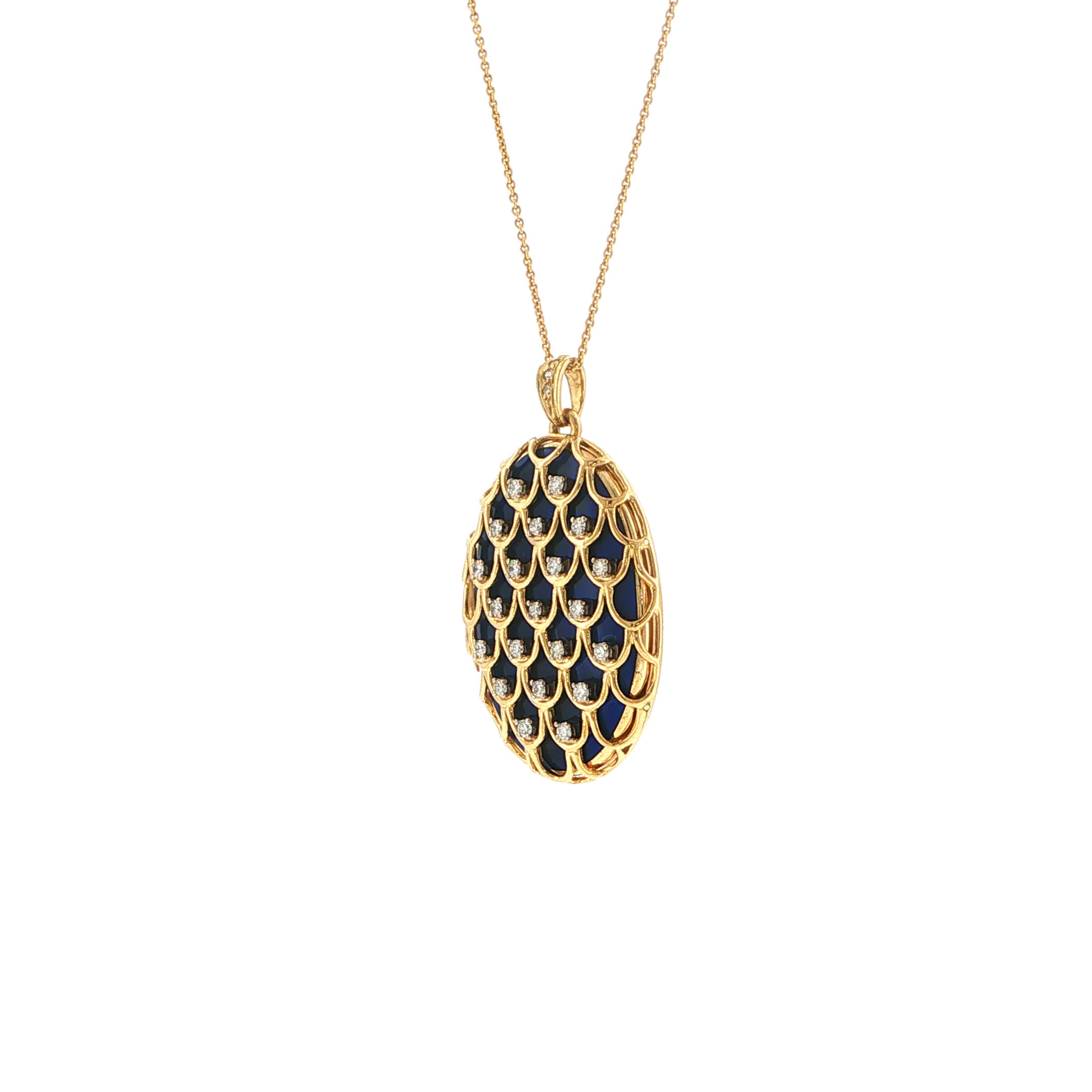 "Midnight Scales" - Vintage Medaillon in 18kt Gelbgold mit Brillanten & blauer Emaille - Juwelier Steiger