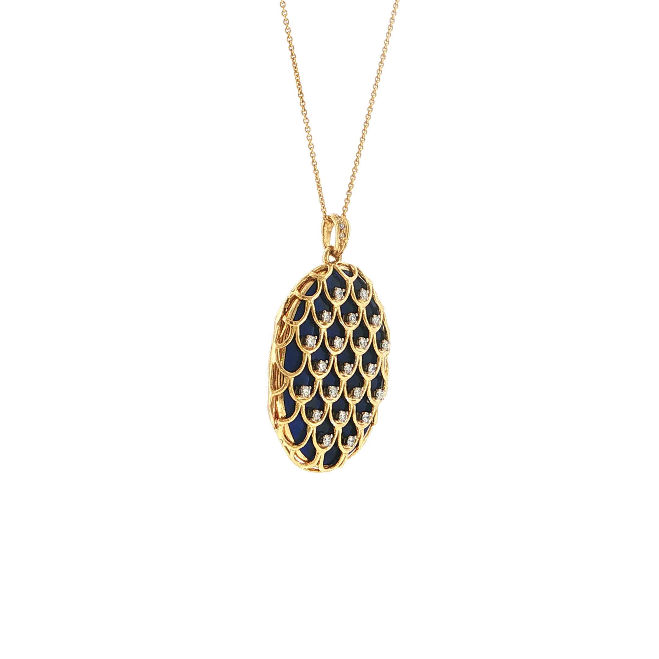 "Midnight Scales" - Vintage Medaillon in 18kt Gelbgold mit Brillanten & blauer Emaille - Juwelier Steiger