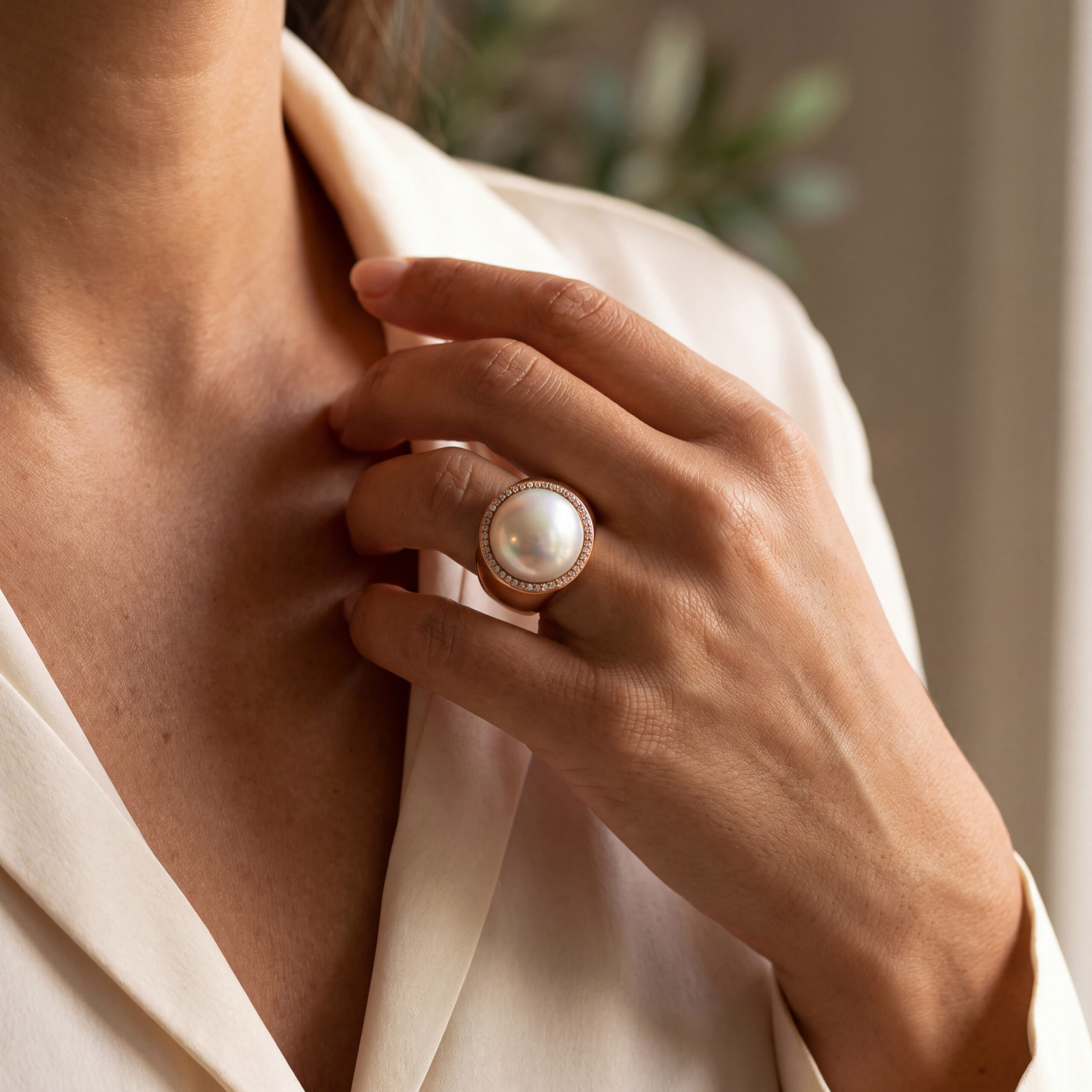 "Miss Marple" - Vintage Ring in 18kt Rosegold mit Perlmutt & Brillanten - Juwelier Steiger